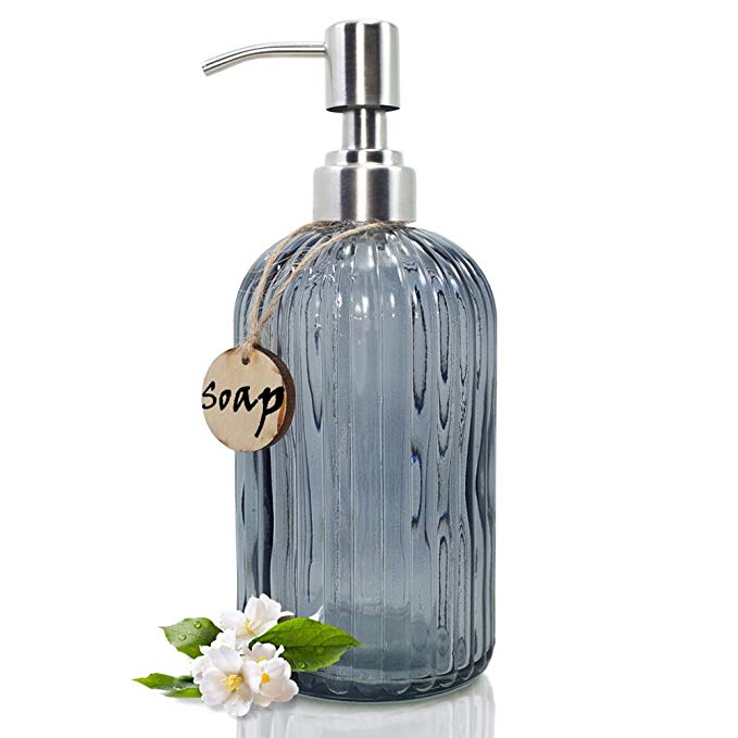 JASAI 18 Oz Glass Soap & Lotion Dispenser with Rust Proof Stainless Steel Pump, Refillable Liquid Pump Bottle Holder Great for Kitchen, Bath, Bathroom Accessories, Countertop (Clear Grey)