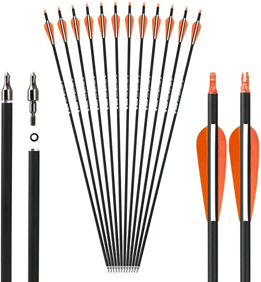 Musen 28 Inch/30 Inch Carbon Archery Arrows, Spine 500 with Removable Tips, Hunting and Target Practice Arrows for Compound Bow and Recurve Bow, 12 Pcs