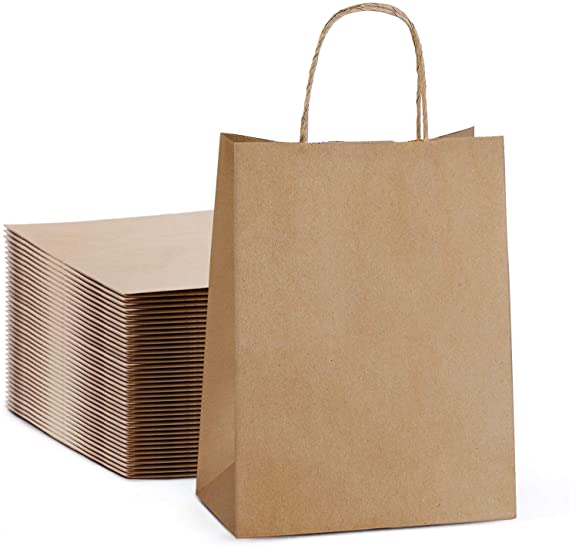Mesha 100pcs Gift Bags with Handle Brown Kraft Paper Bags 8"x4.75"x10.5" Medium Size Bulk Paper Shopping Bags, Paper Party Favor Bags, Retail Craft Bags