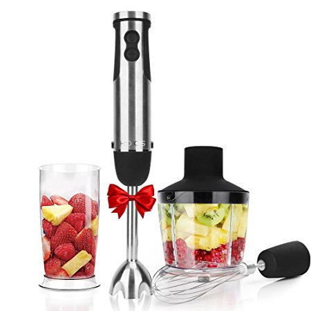 KOIOS 4 in 1 Immersion Hand Blender Powerful 400 Watt 6-Speed Includes Chopper, Whisk, BPA Free Mixing Beaker, for Soups, Smoothie, Baby Food - Stainless Steel