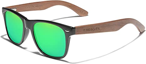 KINGSEVEN Wooden Sunglasses Polarized for Men Women Retro Vintage Mirrored Lenses Walnut Wood Frame W5777