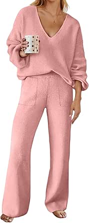 MEROKEETY Women's 2 Piece Outfits Long Sleeve V Neck Knit Pullover Tops and Wide Leg Pant Lounge Set