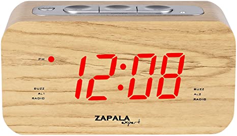 ZAPALA expert Wake-Up Alarm Clock with Radio for Bedside or Kitchen, Big Display, Dual Alarm, Sleep & Snooze Function, FM Radio with 10 Preset Station, Brightness Setup, Wooden Cabinet, Battery Backup