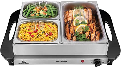 Chefman Electric Buffet Server   Warming Tray W/Adjustable Temperature & 3 Chafing Dishes, Hot Plate Perfect for Holidays, Catering, Parties, Events & Home Dinners, 14" x 14" Surface, Stainless Steel