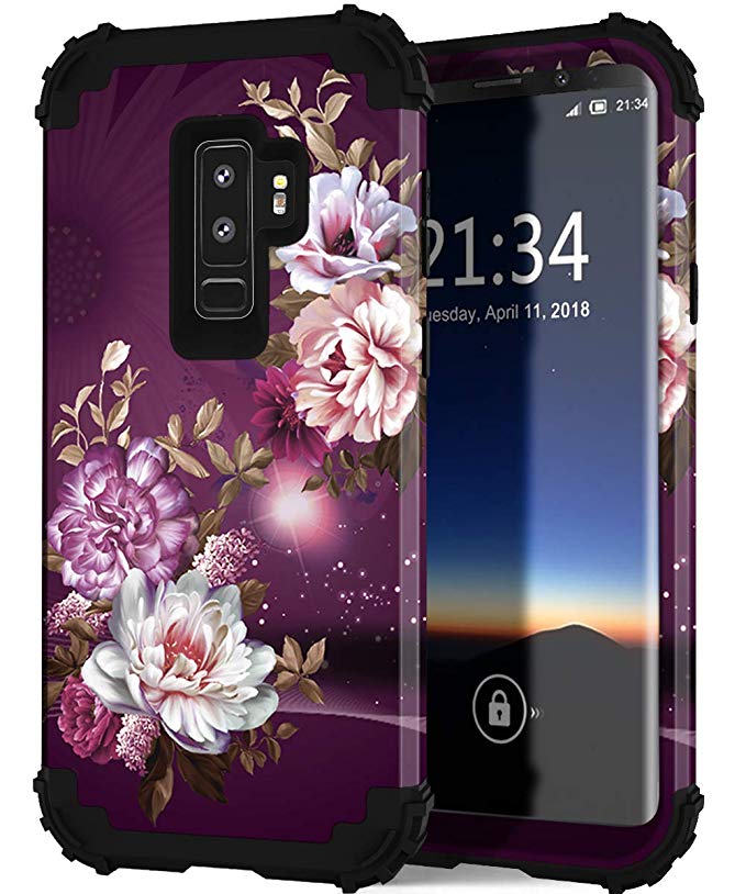 Galaxy S9 Plus Case, Hocase Heavy Duty Protection Shock Absorbent Silicone Rubber Hard Plastic Hybrid Dual Layer Protective Phone Case for Samsung Galaxy S9 Plus (SM-G965) 2018 - Burgundy Flowers