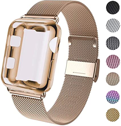 GBPOOT Compatible for Apple Watch Band 38mm 40mm 42mm 44mm with Screen Protector Case, Sports Wristband Strap Replacement Band with Protective Case for Iwatch Series 6/SE/5/4/3/2/1,38mm,Gold