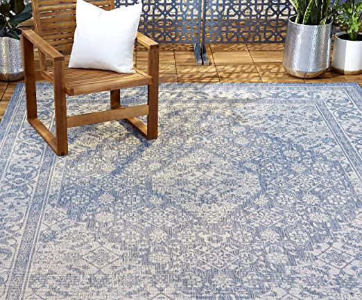 Home Dynamix Nicole Miller Patio Country Dahlia Indoor/Outdoor Area Rug 7'9"x10'2", Traditional Medallion Blue/Gray