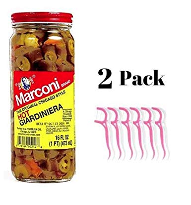 Marconi Hot Giardiniera 16 oz (2 Pack) Bundled with 20ct Dental Flossers in a Prime Time Direct Sealed Bag