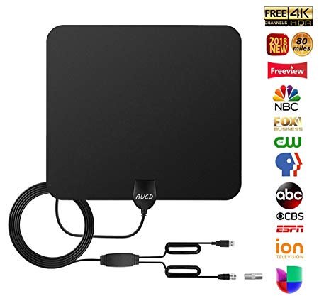 TV Antenna, 2018 Newest HDTV Antenna Amplifier Signal Booster 13.2ft Coax Cable, Up to 80 Miles Range 4K 1080P HD VHF UHF Freeview Life Local Channels Broadcast
