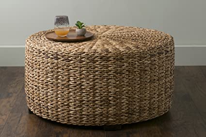East At Main Langdon Brown Round Abaca Coffee Table, (35.5x35.5x18.5)
