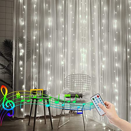 6.6FT X 6.6FT Curtain Lights Battery Operated Window Backdrop Light Christmas Curtain Fairy Light for Room, Sound Activated Music Sync Light Waterproof (White)