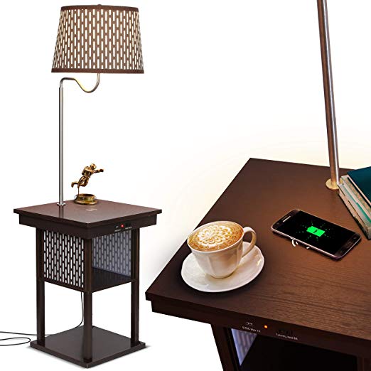 Brightech - Madison LED Floor lamp with Wireless Charging Pad & USB Port, Shelves & Bedside Table Nighstand with Lamp attached - Mid Century Modern End Table for Living Rooms - Havana Brown