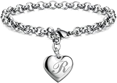 Initial Charm Bracelets Stainless Steel Heart 26 Letters Alphabet Bracelet for Women, Valentine's Day Gifts