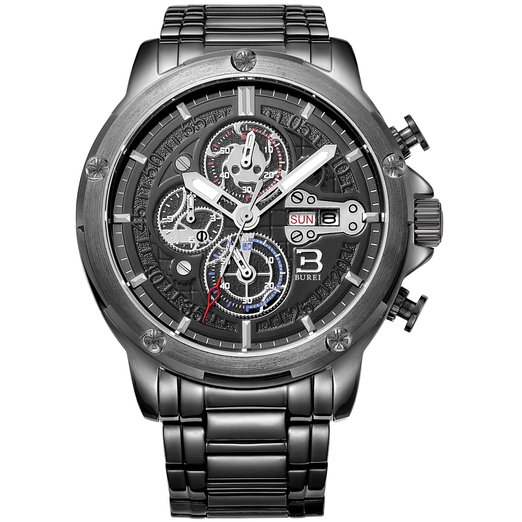 BUREI Men Chronograph Sports Wrist Watches with Black Dial Metal Bracelet