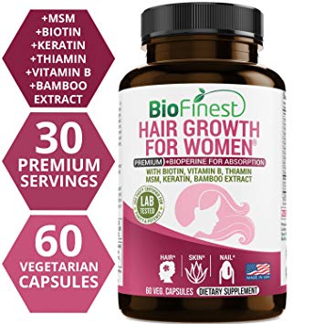 Biofinest Hair Growth Supplement - Vitamins for Natural Longer, Stronger, Healthier, Frizz-Free, Keratin Rich Hair - with Vitamin B, Biotin, Thiamin - for All Hair Types (60 Capsules) (Women)