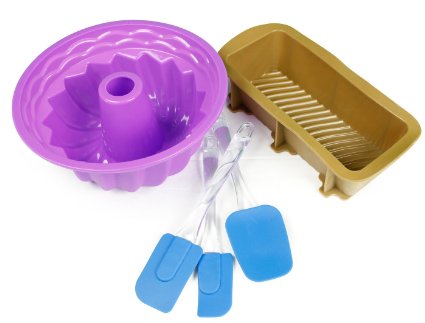Elbee Deluxe Silicone Baking Set with a Purple Bundt Cake Pan Brown Loaf Pan and the 3-piece Silicone Spatula Set