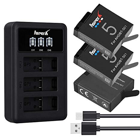 Asperx GoPro Hero 5 Replacement Battery(3-Pack) & Rapid 3-Channel LED Charger Compatible with Gopro 5, AHDBT-501, AABAT-001, GoPro Hero 5 Black, Hero 6 Cameras