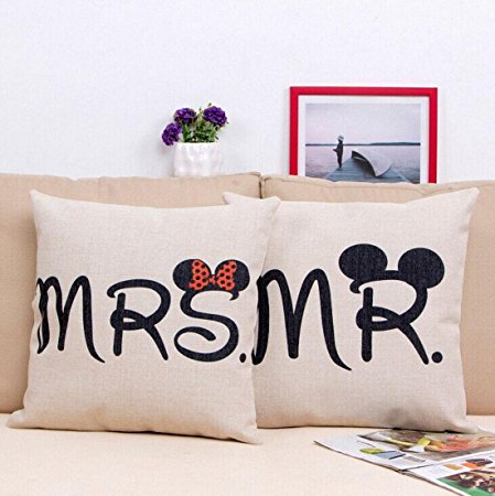 E-sunshine® Cotton Blend Linen Square Throw Pillow Cover Decorative Cushion Case Pillow Case 18 X 18 Inches / 45 X 45 cm, Disney (Mickey & Minnie)
