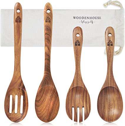 Wood Spoons for Cooking, Wooden Spoon Set, Teak Wooden Utensils, Nonstick Cookware, Eco Friendly Stirring Spoons, Mixing Spoons and Serving Spoons, Set of 4 by Woodenhouse