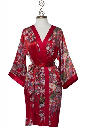 Dynasty Robes, Women's Printed Short Red Robe with Kimono Collar-Imperial's Bouquet