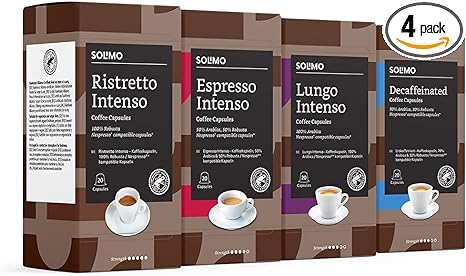 Amazon Brand - Solimo Variety Pack Intenso Nespresso Compatible Coffee Capsules, 80 capsules (4 x 20) - Rainforest Alliance Certified