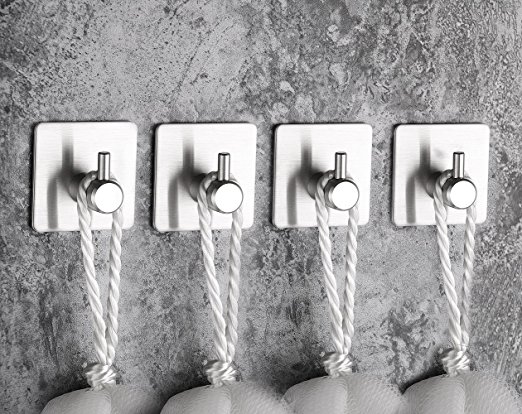 4 Pack 3M Self Adhesive Wall Hooks ,Stainless Steel Robe/Towel hooks for Bath Kitchen Garage-Water Proof Heavy Duty -By Veryke