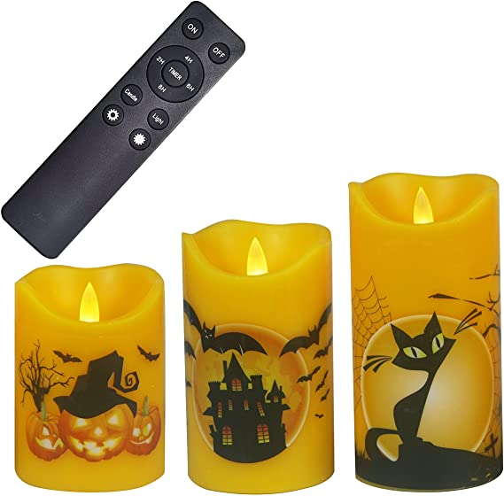 Halloween Flameless Candles with Remote Timer Real Wax Flickering Battery Operated LED Pillars with Decals Pumpkin Castle Bats Spiders Black Cat Skulls Tombs for Halloween Party Decorations 3 Pack