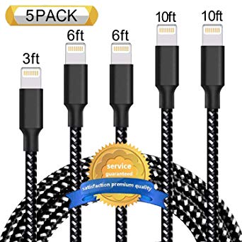 iPhone Charger,Ulimag MFi Certified Lightning Cable 5 Pack 3FT 6FT 6FT 10FT 10FT Nylon Braided USB Charging & Syncing Cord Compatible iPhone Xs/Max/XR/X/8/8Plus/7/7Plus/6S/6S Plus/SE/iPad Black White