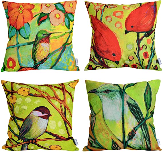laime Throw Pillow Covers Pack of 4 Linen Cotton Pillow Covers Decorative Square Pillowcase Soft Solid Cushion Case for Sitting Room Sofa Bedroom Car Outdoor Hotel 18x18 Inch Green Bird