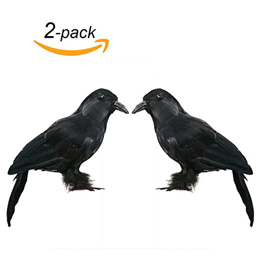 ERERT Realistic Feathered Birds -Set of 2 - Halloween Black Decoration Crows and Ravens Decor