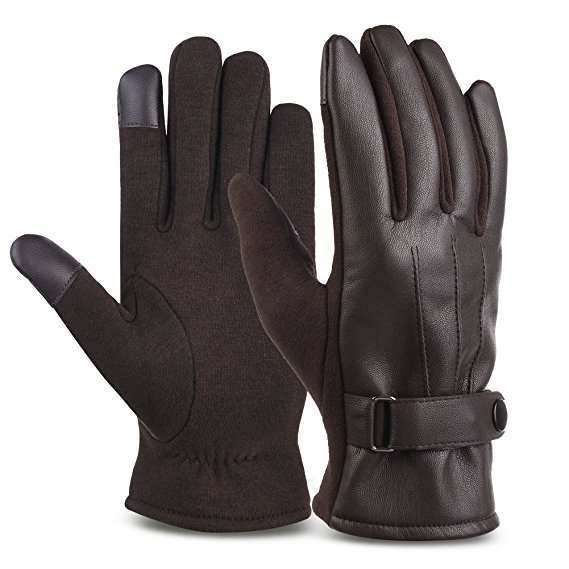 Vbiger Men's PU Leather Gloves Winter Touch screen Cycling Gloves