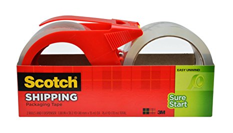 Scotch Sure Start Shipping Packaging Tape, 1.88 x 38.2 Yards, 2 Rolls and 1 Dispenser (3450S-2-1RD)