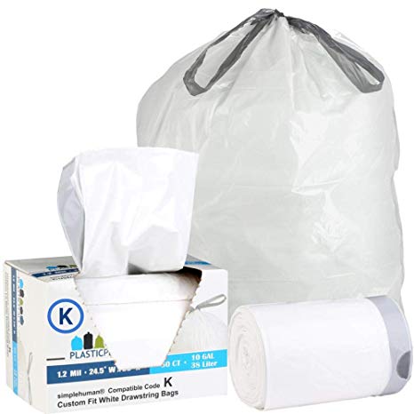 Plasticplace Custom Fit Trash Bags │ Simplehuman Code K Compatible │ 10 Gallon / 38 Liter White Drawstring Garbage Liners │ 24.4" x 28" (50 Count)