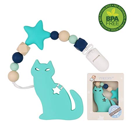 Pacifier Clip with Cat Teether for Boys TYRY.HU Baby Teething Teether Toys BPA Free Silicone Beads for Baby Birthday Shower Gift Binky Holder Set (Green)