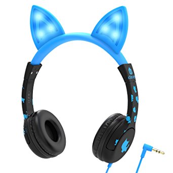 iClever Kids Headphones Over Ear, Cat-Inspired Ears, Wired Headsets 85dB Volume Limited, Food Grade Silicone, LED Flashlight, 3.5 mm Aux Cable, Headphones for Children, LED-Blue