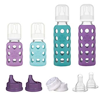 Lifefactory 4 Bottle Starter Set, (2) 4-Ounce Baby Bottle in Mint/Lavender, (2) 9-Ounce Baby Bottle in Kale/Grape, (2) Flat Caps, (2) Sippy Caps, (2) Stage 2 Nipples