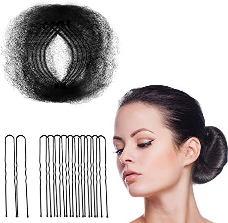 Hair Nets Invisible Elastic Edge Mesh and U Shaped Pins Set, 50 Pieces 50cm Individual Package Invisible Hair Nets, 40 Pieces U Shaped Pins for Women Bun (Black)