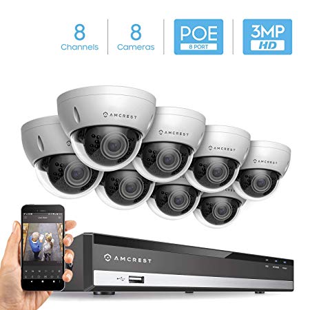 Amcrest 3MP Security Camera System, 4K 8CH PoE NVR, (8) x 3-Megapixel 2.8mm Wide Angle Lens Weatherproof Metal Dome PoE IP Cameras, NV2108E-IP3M-956EW8 (White)