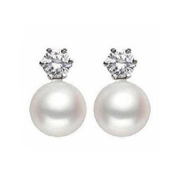 Womens 8-9mm Freshwater Pearl Diamond Stud Earrings 925 Sterling Silver Color White