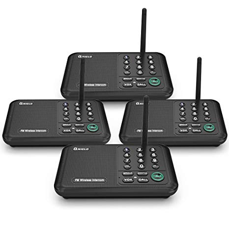 Qniglo Wireless Intercom System, 1/2 Mile Long Range FM 10 Channel Business Intercoms System for Home and Office (4 Stations, Black)