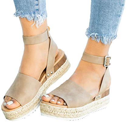 Ymost Womens Wedges Sandal Open Toe Ankle Strap Trendy Espadrille Platform Sandals Flats