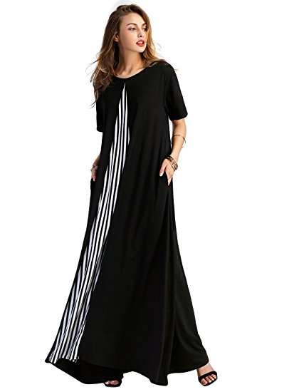 Romwe Women's Loose Dress Short Sleeve Pocket Flowy Party Maxi Dress