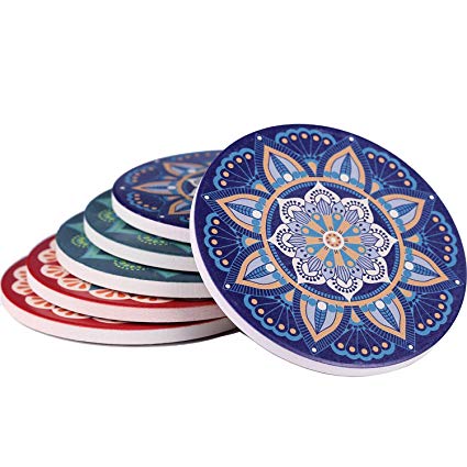 Absorbent Drink Coasters Set of 6 - Funny Mandala Bohemian Style Stone Coasters Mat with Cork Base, Prevent Furniture from Dirty and Scratched, Ceramic Vintage Desk Coasters for Kinds of Mugs and Cups