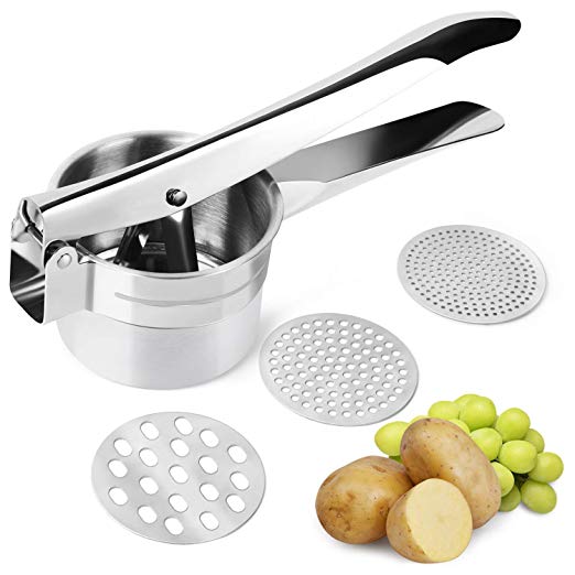FREDI Potato Ricer/Vegetables and Fruit Masher Food Ricer Makes Light and Fluffy Mashed Potato Perfection with 3 Interchangeable Ricing Discs Easy to Clean, 100% Stainless Steel(Silver)
