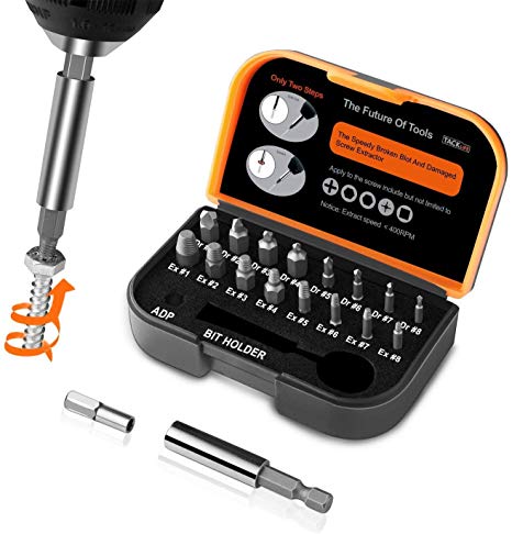 TACKLIFE 18Pcs Damaged Screw Extractor kit,Remover Set by Easy Out, Magnetic Extension Bit Holder and Socket Adapter for Damaged Bolts or Screws 2-12mm, Hardness 62HRC,-DSE01