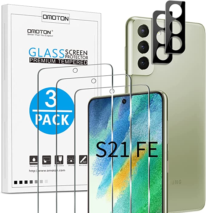 [3 2 Pack] OMOTON Screen Protector for Samsung Galaxy S21 FE 5G (NOT FOR Galaxy S20 FE/S21) -3 Pack Screen Protector   2 Pack Camera Lens Protector Tempered Glass