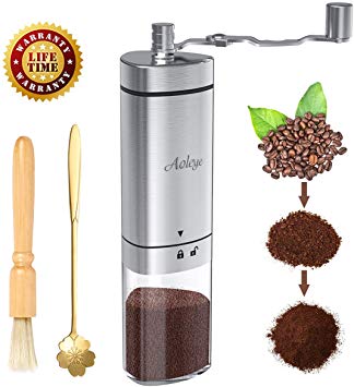 Aoleye Manual Coffee Grinder with Conical Burr,Transparent Stainless Steel Portable Hand Crank Coffee Grinder for Aeropress, Espresso, Conical Ceramic Burr Coffee Mill with Cleaning Brush Coffee Scoop