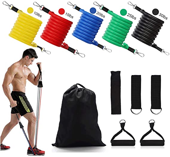 ieGeek 11 pieces Exercise Resistance Bands Set, Portable Fitness Accessories with 5 Resistance Tubes, Handles, Door Anchor, Ankle Straps, Carrying Pouch, Exercise Bands for Working Out…