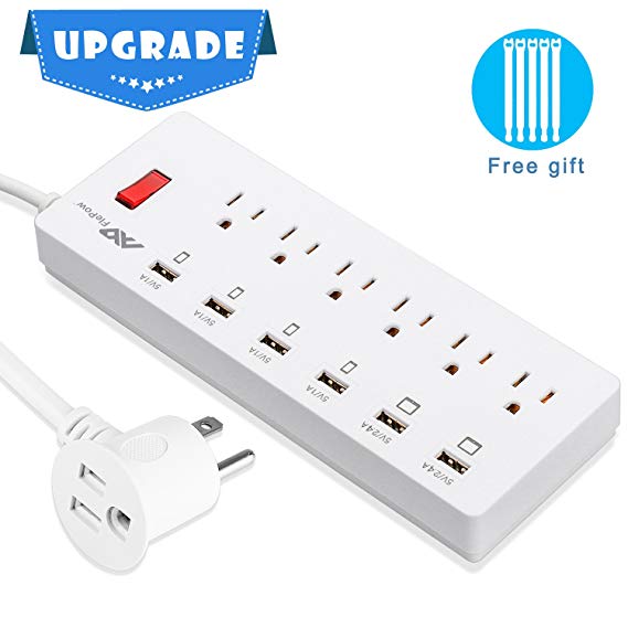 FlePow 6-Outlet Power Strip 1625W/13A 5.9ft Cord Home/Office Surge Protector with 6 USB Charging Ports (5V/2.4A2 and 5V/1A4) for Smartphones and Tablets (6A6U Pass-through Design)