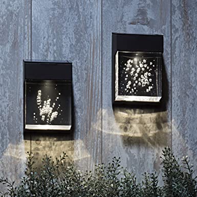 Solar Outdoor Wall Lights - 2 Sconces with Clear Acrylic Bubble Diffusers, Cool White LED Light, Waterproof, Dusk to Dawn Sensor, Batteries Included